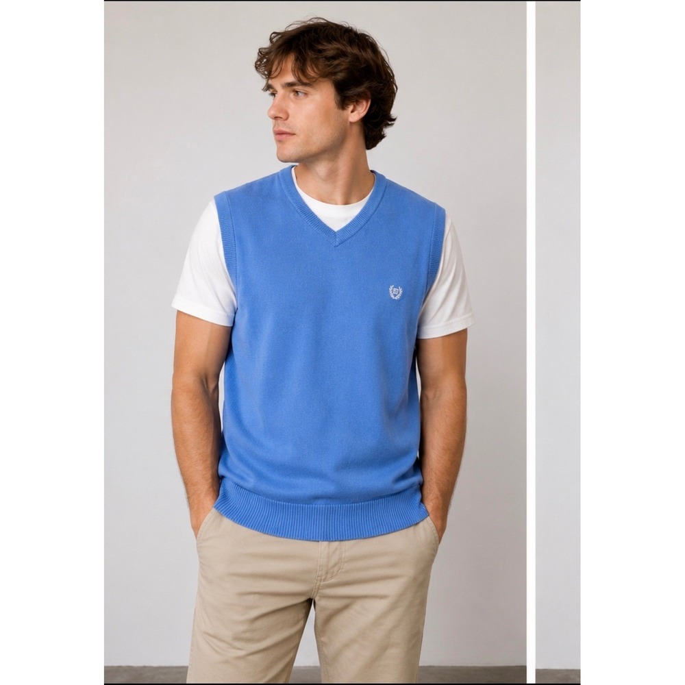 Chaps Mens Blue V-Neck Cotton Knit Sweater Vest Size Large Preppy Golf Logo